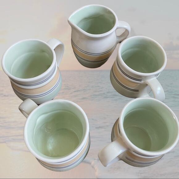 Pfaltzgraff Retired Key Largo Striped 4-Ct Stoneware Mugs and Creamer - Picture 7 of 12